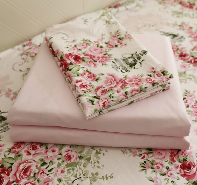 FADFAY Shabby Floral Bedding Set Queen Size Sheet Set 4 Piece Premium 100% Cotton Pink Rose Pattern :1 Deep Pocket Fitted Sheet  1Flat Sheet  2 Pillowcases (Standard Size) - Image 2